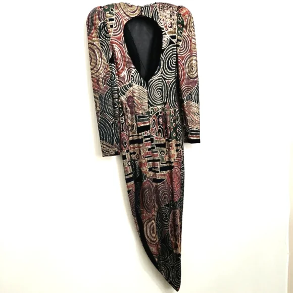 Vintage Cache Metalic Asymmetrical Illusion Plunge Neck Metalic Beaded Maxidress - Picture 13 of 16